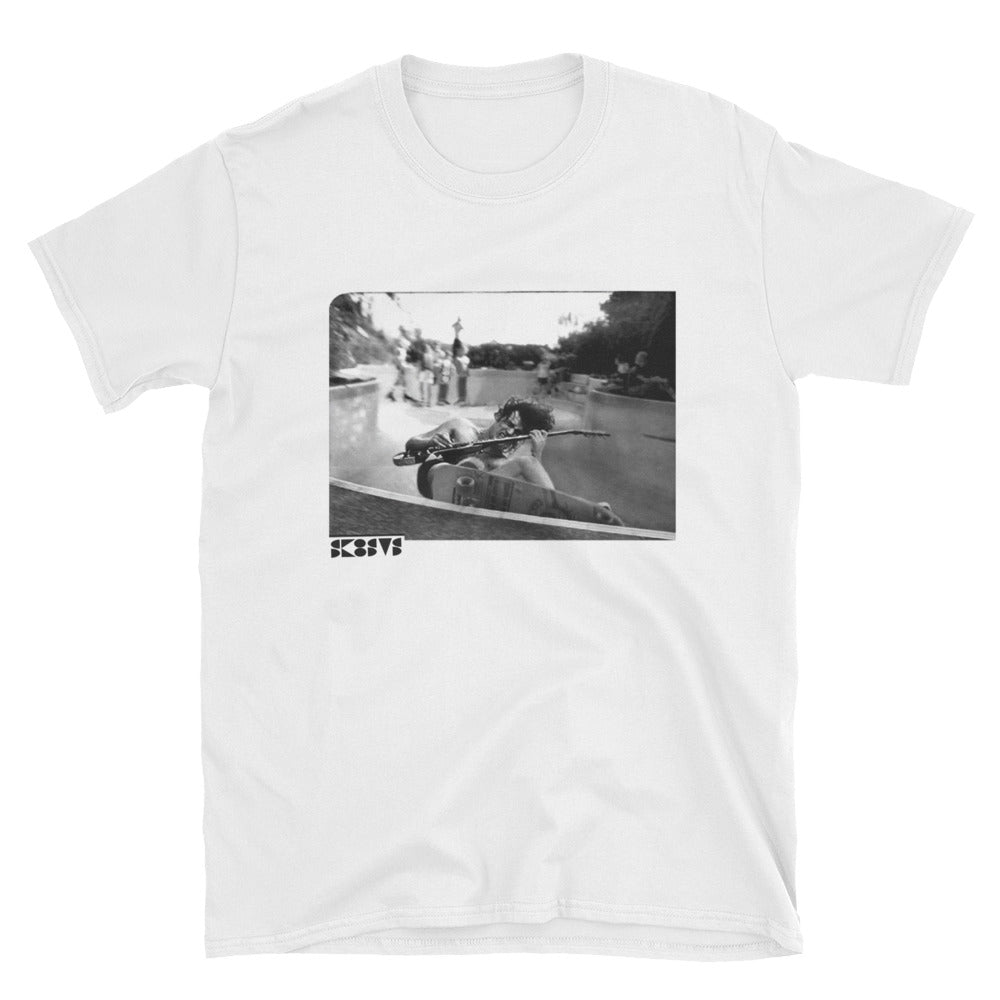 white skateboard tee shirt with a pool skater grinding while playing rock guitar acdc angus young streetwear custom diy  skateboard tee shirt with a pool skater grinding while playing rock guitar acdc angus young streetwear custom diy