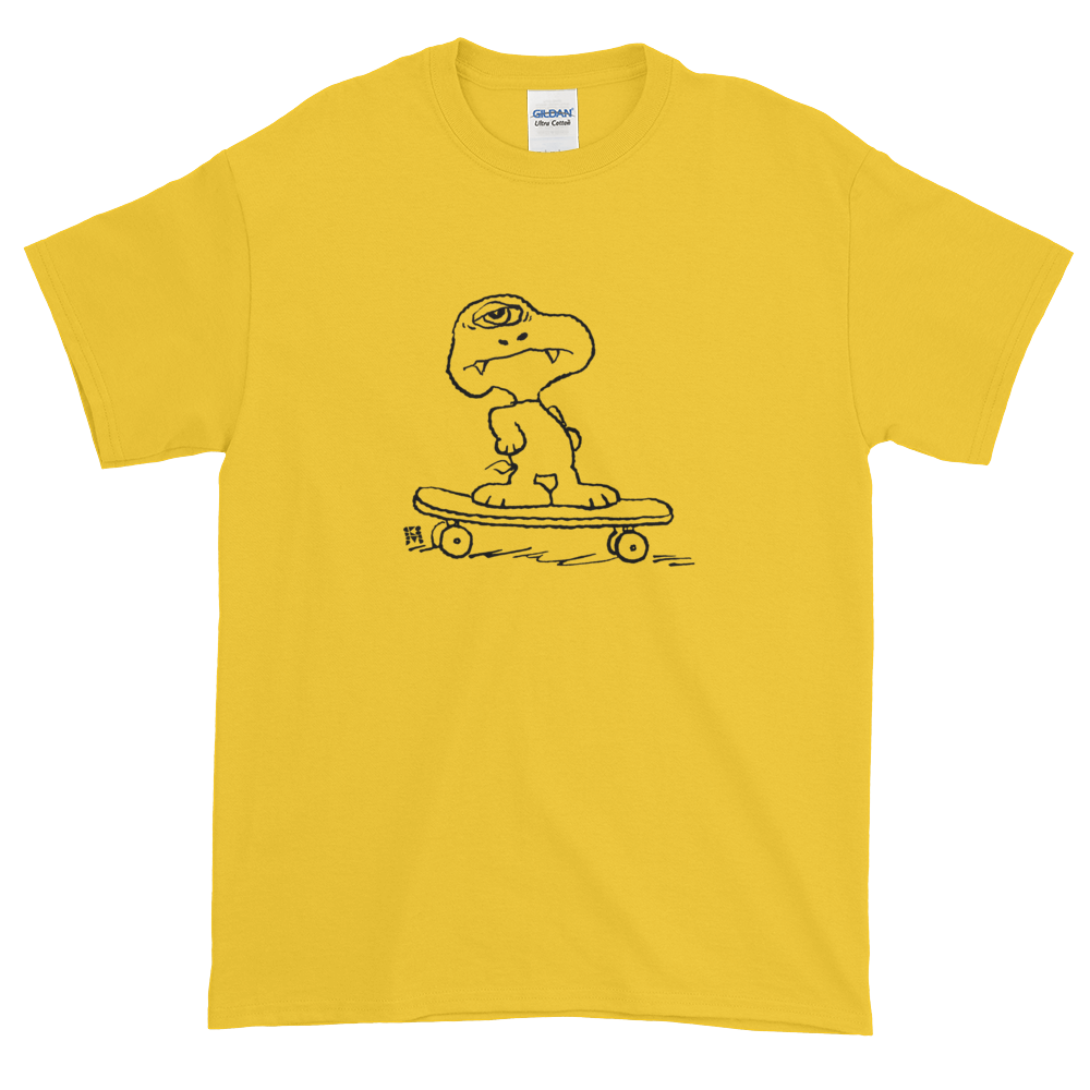 yellow skateboarding dog tee shirt hand drawn graphic skateboard streetwear ghoul monster snoopy cartoon peanuts skateboard