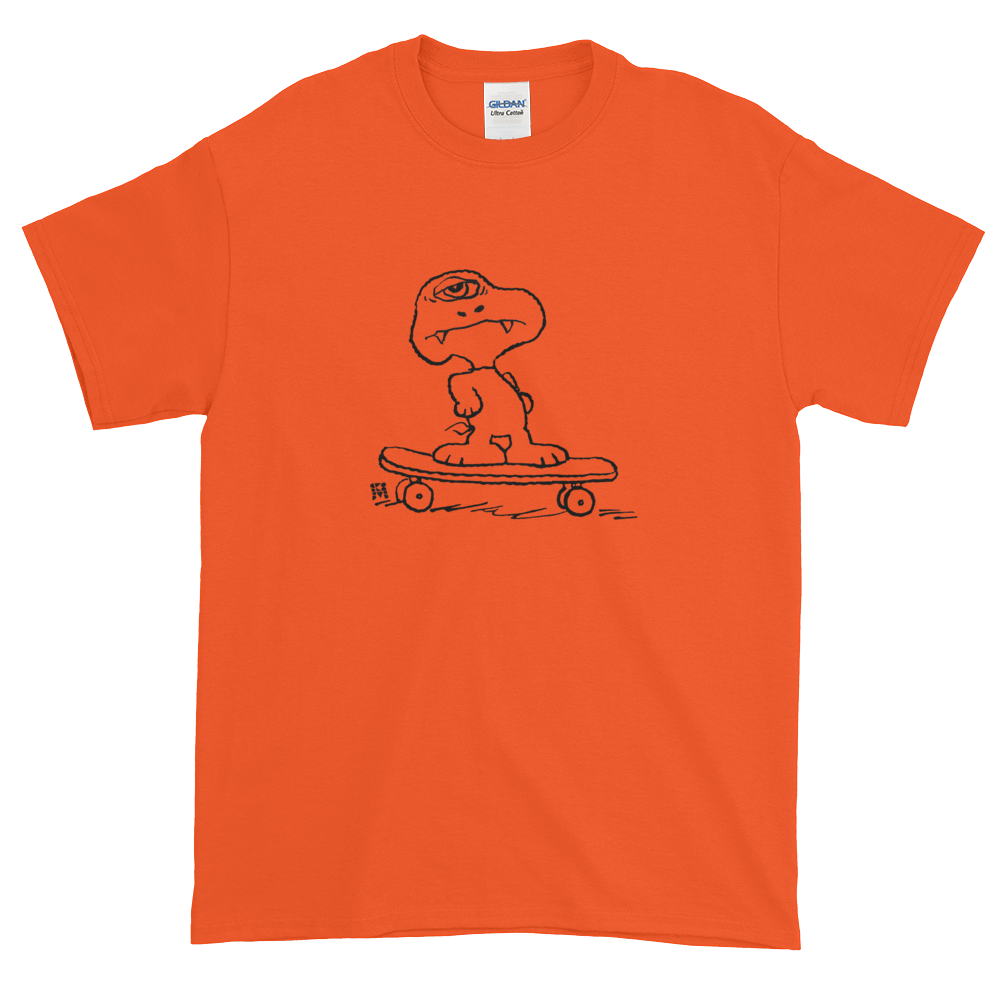 orange skateboarding dog tee shirt hand drawn graphic skateboard streetwear ghoul monster snoopy cartoon peanuts skateboard