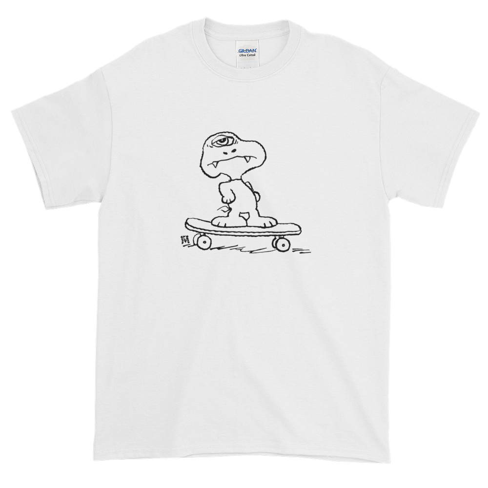 white skateboarding dog tee shirt hand drawn graphic skateboard streetwear ghoul monster snoopy cartoon peanuts skateboard