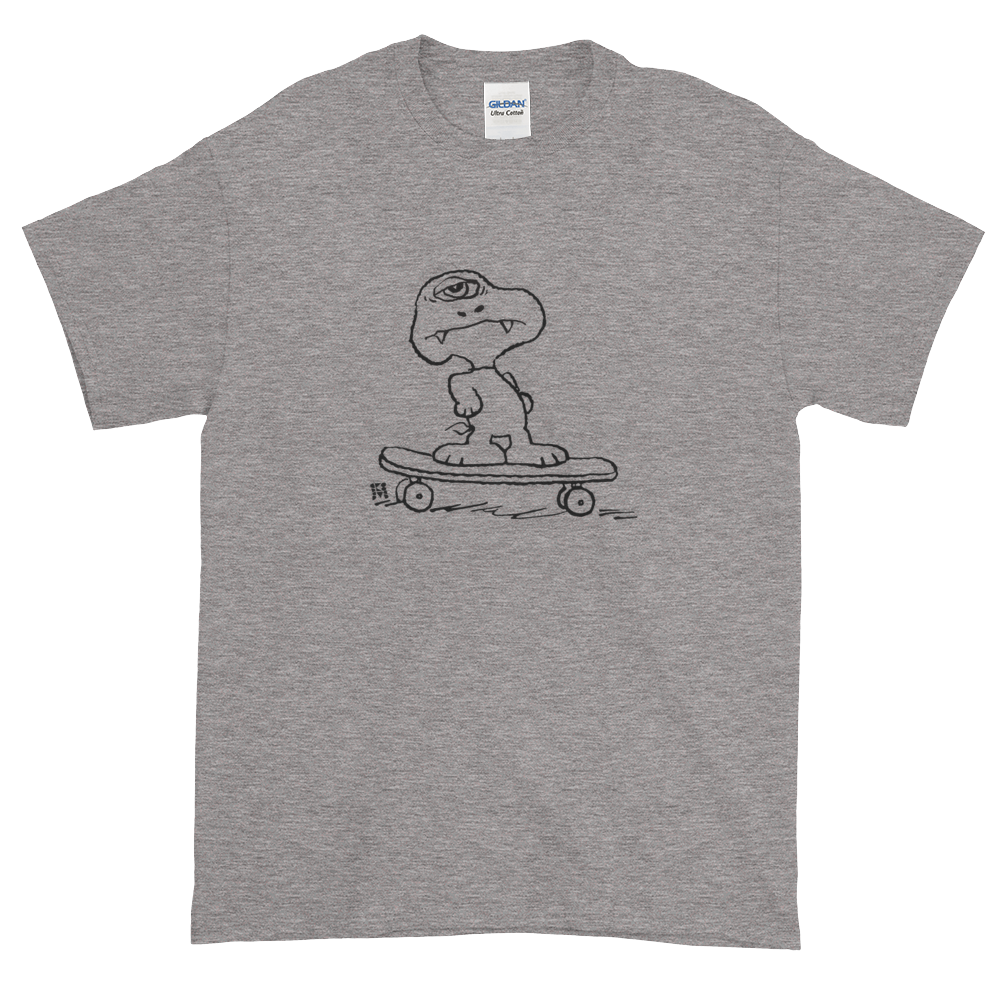 gray skateboarding dog tee shirt hand drawn graphic skateboard streetwear ghoul monster snoopy cartoon peanuts skateboard